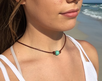 Gargantilla de cuero con cuentas de howlita turquesa, collar playero para adolescentes.