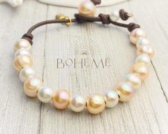 Pink Pearl Bracelet: Blush Pearls on Leather Cord, Boho Summer Jewelry