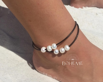 Womens Anklet, Double Strand Leather and Pearl Ankle Bracelet, Bohemian Beach Jewelry, Gift Idea for Women