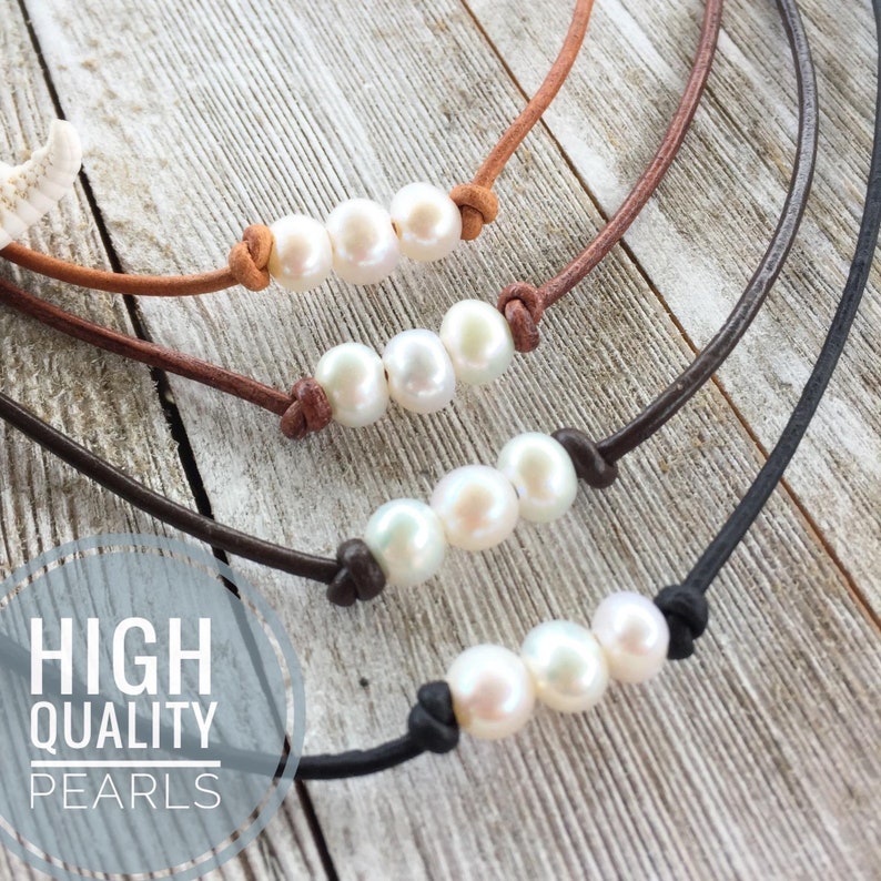 Three small pearls on leather cord necklace for girls