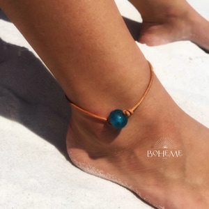 Blue Sea Glass and Leather Anklet, Summer Beach Jewelry for Women, Large Plus Size Anklet, Non Metal Jewelry