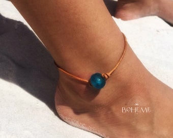 Blue Sea Glass and Leather Anklet, Summer Beach Jewelry for Women, Large Plus Size Anklet, Non Metal Jewelry
