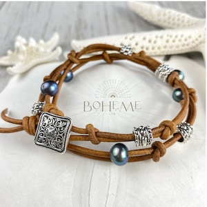 Leather Wrap Bracelet with Dark Pearls and Silver Beads, Bohemian Style