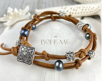 Leather Wrap Bracelet with Dark Pearls and Silver Beads, Bohemian Style