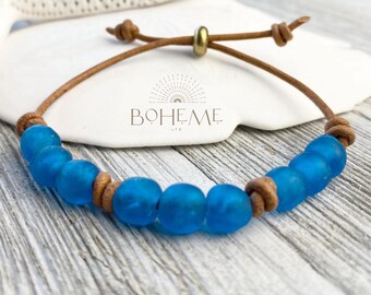 Blue Seaglass Bead Bracelet: Knotted Leather Cord, Boho Beach Jewelry