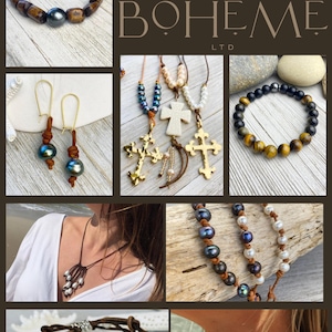 May include: A collage of jewelry pieces, including bracelets, necklaces, and earrings. The items feature pearls, beads, and crosses, with leather and metal accents. The brand name "BOHEME LTD" is displayed in the center.