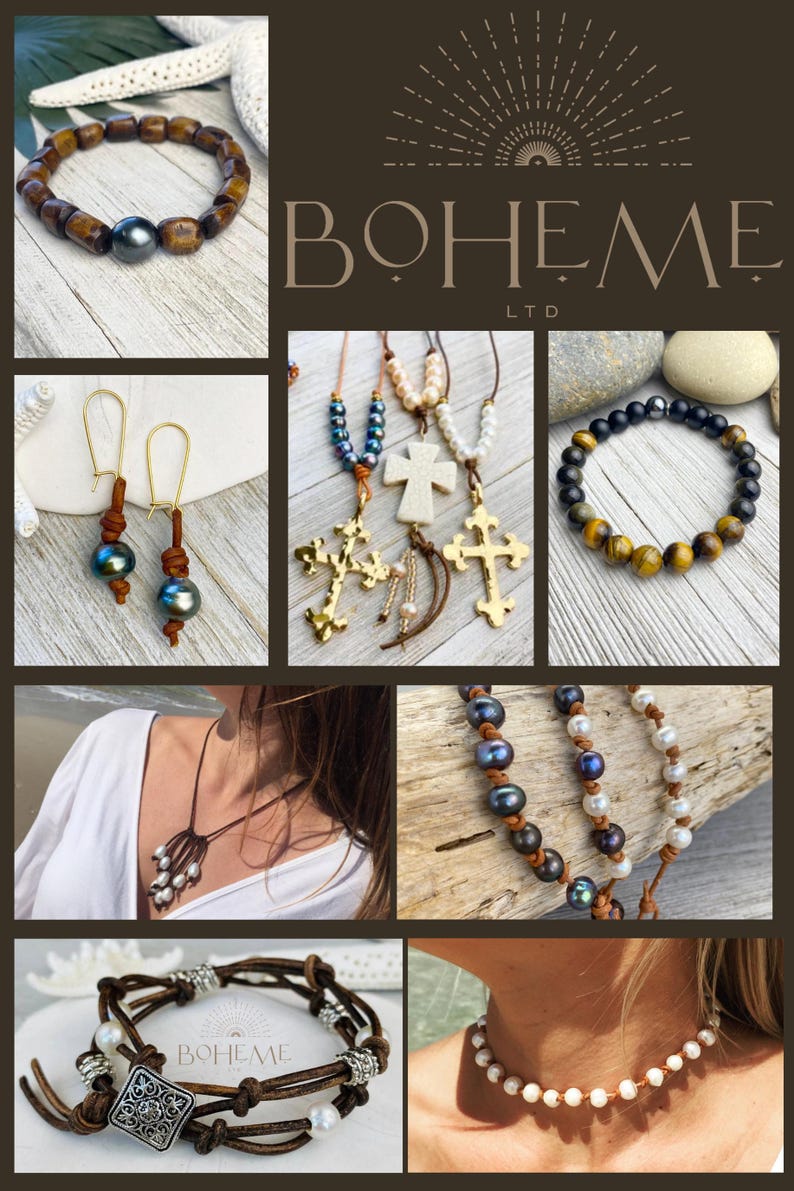 May include: A collage of jewelry pieces, including bracelets, necklaces, and earrings. The items feature pearls, beads, and crosses, with leather and metal accents. The brand name "BOHEME LTD" is displayed in the center.