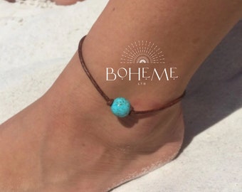 Womens Anklet, Minimalist Turquoise Bead on Leather Cord Anklet, Boho Beach Style, Stocking Stuffer Gift Idea for Best Friend, Non Metal