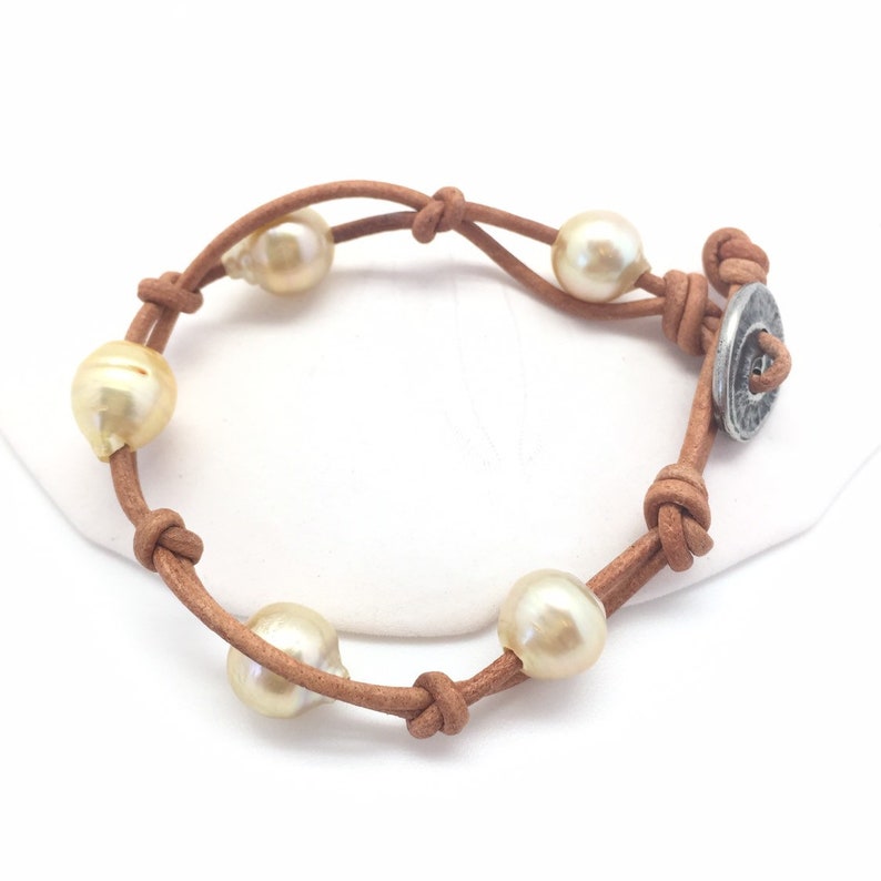 Rare South Sea Pearl Bracelet Pearl and Leather Jewelry Yellow Gold Pearls Knotted on Tan Leather etsy bracelet