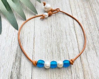 Dainty Pearl and Sea Glass Leather Bracelet, Beach Jewelry, Blue Sea Glass and White Pearls Women Bracelet, Stocking Stuffer for Women