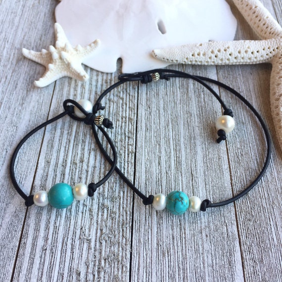 Girls Turquoise and Pearl Leather Jewelry Set, Necklace & Bracelet Set for  Teen, Birthday Gift Idea for Daughter, Trendy Beach Jewelry -  Israel
