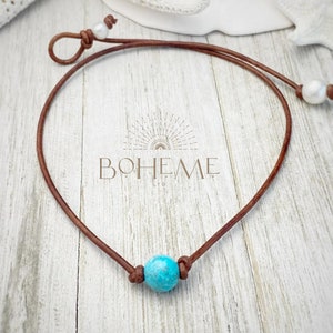 Trendy Single Turquoise Bead on Leather Cord Choker Necklace for Women, Southwestern Style Minimalist Boho Chic Jewelry, Gift for Teen Girl