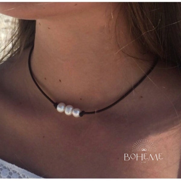 Pearl Choker Necklace for Women, Three Genuine Petite Pearls on Leather Necklace, Great Gift for Adult Daughter, Many Colors to Choose