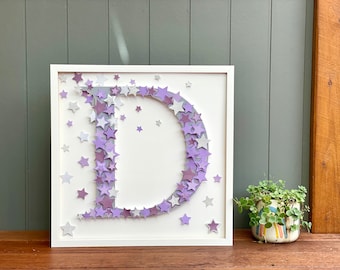 Nursery initial in 3D stars |  purple silver Letter D Wall Decor  | Monogram Star Letter Art | personalised name Alphabet nursery letter art