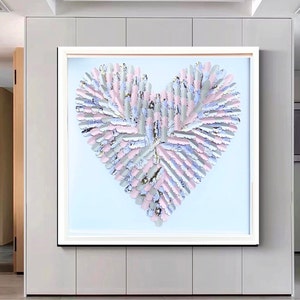 Coeur plume argent et or rose 3D - Art mural coeur rose pour chambre d'enfant fait main