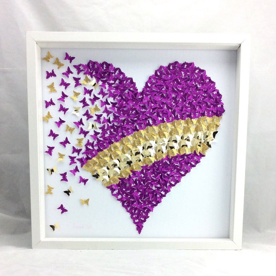 Purple Heart Gold Heart Paper Butterfly Wall Decor Etsy