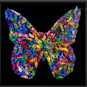 May include: A colorful butterfly made of many smaller butterflies, all arranged to form a larger butterfly shape. The background is black.