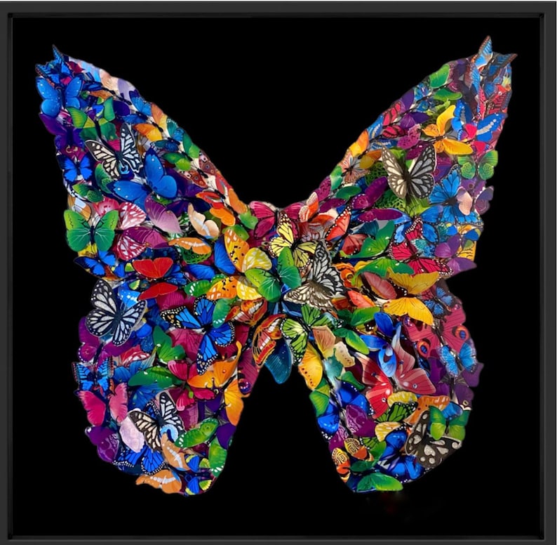 May include: A colorful butterfly made of many smaller butterflies, all arranged to form a larger butterfly shape. The background is black.