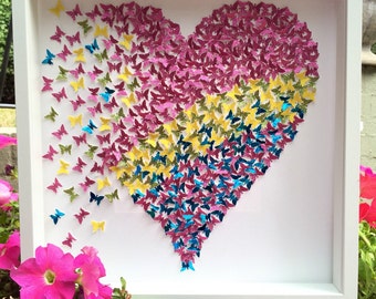 Collage of Pink , yellow , green and Blue of paper Butterflies Heart. Modern Decor Girls room