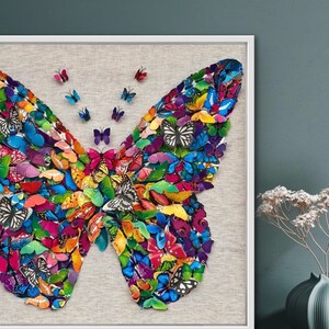 May include: A framed artwork featuring a large butterfly made of many smaller butterflies in various colors, including blue, green, yellow, orange, red, and purple. The butterflies are arranged in a symmetrical pattern, creating a vibrant and colorful design.