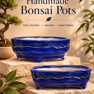 May include: Two handmade blue bonsai pots with a glossy finish. The pots are oval-shaped with a wavy rim and sit on small feet. The text "Handmade Bonsai Pots" is displayed above the pots, with the words "TWO SHAPES • UNIQUE • FUNCTIONAL" below.