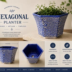 Blue Ceramic Planter, Hexagonal Shape with Crackle Glaze for Succulents