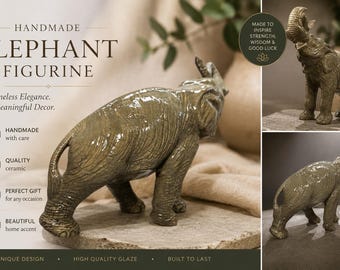 Puede incluir: Figurita de elefante de cerámica hecha a mano con un esmalte de alta calidad. El elefante es de color bronce y está sobre una superficie similar a la piedra. Un hermoso acento para el hogar.