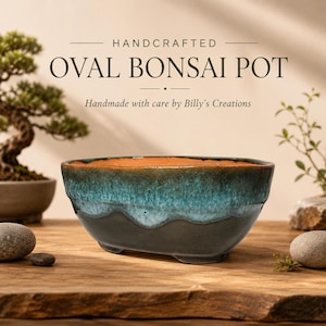 Ovaler Bonsai-Topf, grün-blauer Keramik-Pflanztopf mit Abflussloch