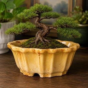 Ceramic Bonsai Pot, Yellow Handmade Planter with Drainage Holes, 5.25 Inch