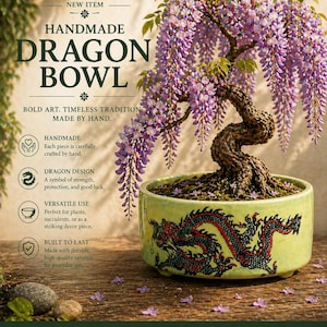 May include: Handmade Dragon Bowl with a bonsai tree featuring cascading purple flowers. The light green ceramic bowl has a black and red dragon design. Text on the image reads "Handmade Dragon Bowl" and "Made with Care."