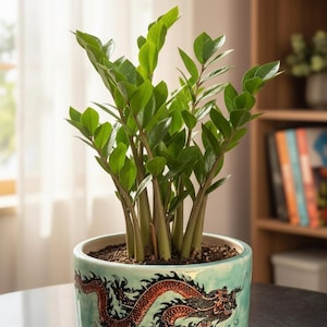 May include: A ZZ plant in a decorative ceramic pot. The pot is light blue with a detailed red and black dragon design. The plant has multiple green stems and leaves, creating a full, vibrant appearance. The pot sits on a dark surface.
