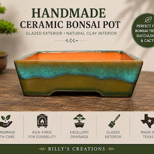 Handmade Ceramic Bonsai Pot, Glazed Exterior with Natural Clay Interior