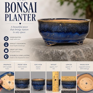 Vaso per bonsai in ceramica fatto a mano, con smalto blu, piccolo e piedistallo, ideale come regalo.