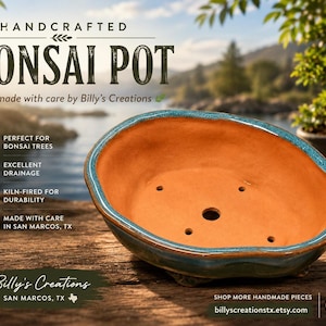Vaso ovale per bonsai, fioriera in ceramica fatta a mano con smalto blu-verde e foro di drenaggio.