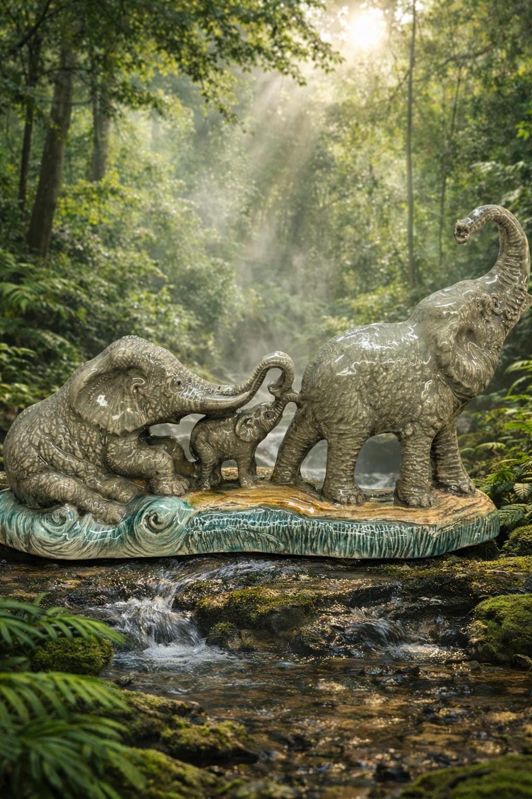 Elephant Family Sculpture, Handmade Earthenware Trio With Glossy