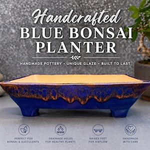 May include: Handcrafted blue bonsai planter with a unique glaze. The rectangular ceramic planter has raised feet and drainage holes. The text on the image says "Handmade pottery, unique glaze, built to last."