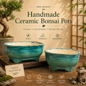 May include: Two handmade ceramic bonsai pots with a turquoise glaze and cream-colored interiors. The pots are rectangular with rounded corners and sit on small feet. The image includes text that reads "Handmade Ceramic Bonsai Pots."