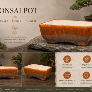 May include: Rectangular bonsai pot with a glazed finish in shades of orange, brown, and blue. The pot is approximately 5 inches wide, 3.5 inches deep, and 2.5 inches high. The text on the image reads "BONSAI POT" and "HANDMADE UNIQUE TIMELESS".