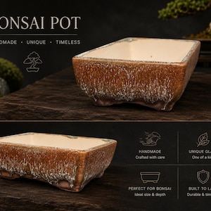 May include: Rectangular bonsai pot with a brown, textured exterior and a cream-colored interior. The pot has a unique glaze and is handmade. The image includes the text "BONSAI POT" and the words "HANDMADE, UNIQUE, TIMELESS".