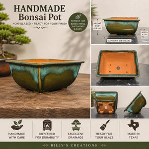 Glazed Ceramic Bonsai Pot, 4.75 Inch Square Planter with Drainage Holes