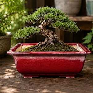 Red Bonsai Pot, Handmade Rectangular Ceramic Planter with Drainage Holes