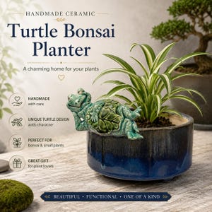 May include: A handmade ceramic Turtle Bonsai Planter. The blue and cream-coloured planter features a unique turtle design. The planter is filled with soil and a green and white plant. Text on the image says "A charming home for your plants."