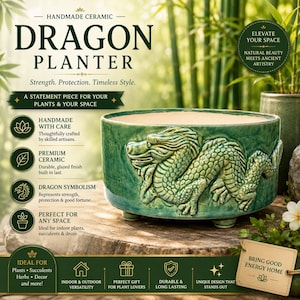 May include: A round, handmade ceramic planter featuring a raised, embossed dragon design in a glossy green glaze. The planter has a wide, open top and sits on small, integrated feet. The exterior surface displays a textured, scaly dragon motif.