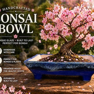 Handmade Bonsai Pot 8 Inch Ceramic Planter Blue Drip Glaze Gift