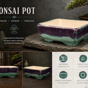 May include: Square bonsai pot with a purple and teal glaze. The pot has a cream-colored interior and is handmade. The image includes the text "BONSAI POT" and "HANDMADE UNIQUE TIMELESS". The pot is designed for bonsai trees.