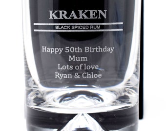 Personalised//Engraved *KRAKEN RUM* Dimple Glass Tumbler Mothers//Fathers//Day//Gift