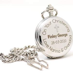 Engraved/Personalised Christening/Baptism/Communion/Dedication Design Silver Pocket Watch image 1