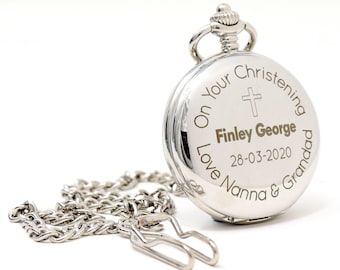 Engraved/Personalised Christening/Baptism/Communion/Dedication Design Silver Pocket Watch
