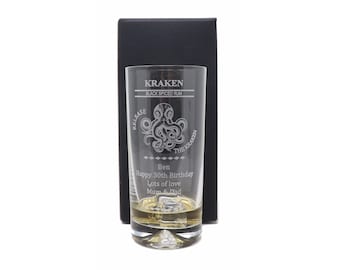 Engraved/Personalised *Kraken Spiced Rum Octopus Design* Dimple Highball Glass Gift Boxed