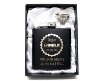 Engraved/Personalised Best Man Wedding Badge Design Black Hip Flask in Gift Box For Usher/Groomsman/Father of the Bride/Dad